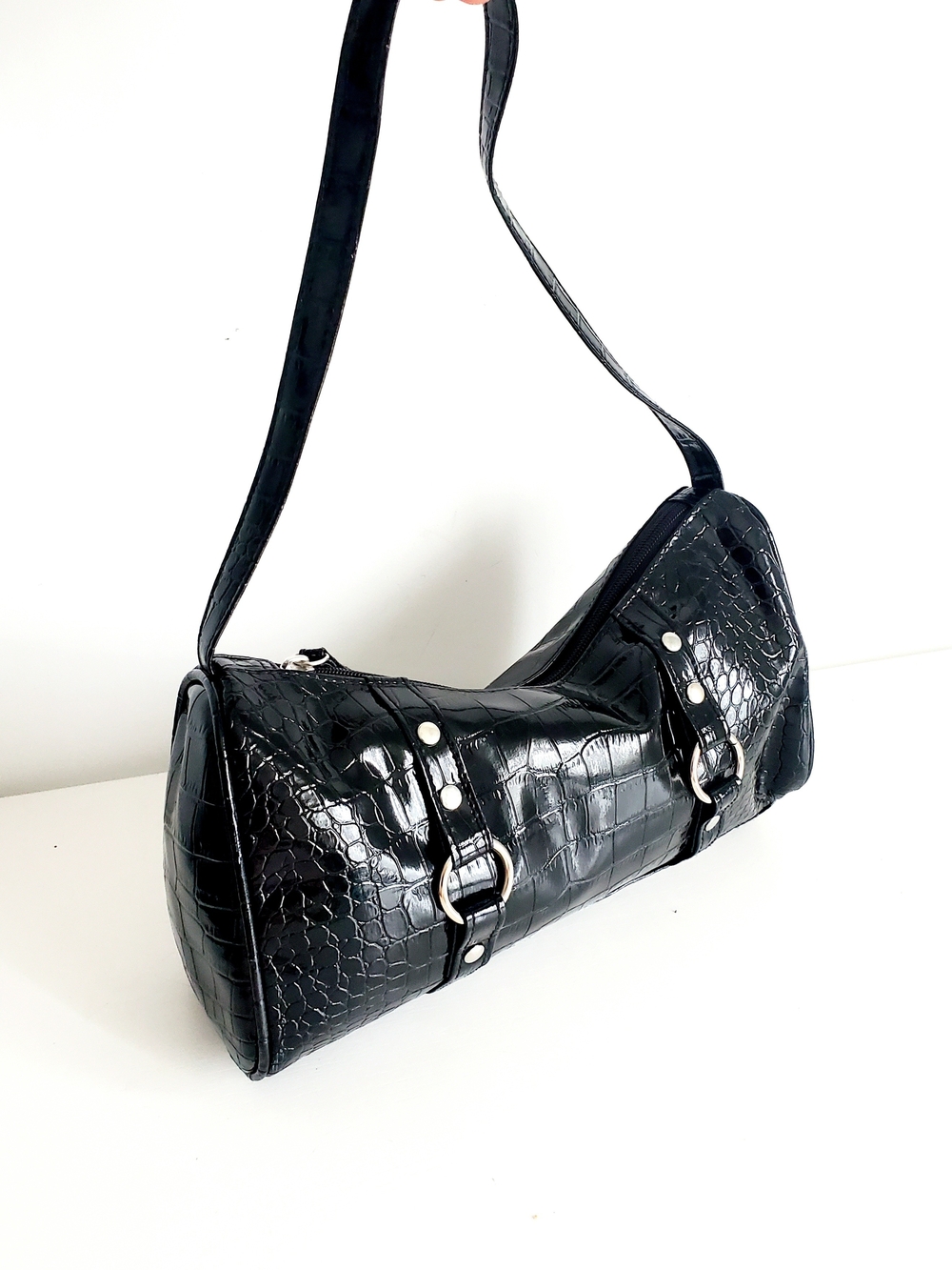 Black Croc-Embossed Shoulder Bag with Silver Buckle Details